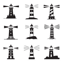 Set Lighthouse icon. Vector concept illustration for design. Vector black silhouette. with white background