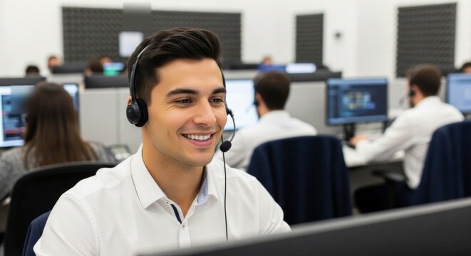 Friendly male customer service representative wearing a headset and smiling while providing professional user assistance in a modern call center.