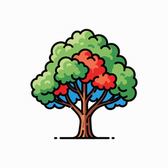 Fototapeta premium Vibrant Colorful Tree With Green Red Blue Leaves And Brown Trunk