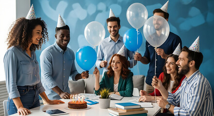 A group of coworkers celebrating a birthday with cake and balloons in an office setting together