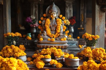 Fototapeta premium statue of Goddess Saraswati decorated with bright yellow marigold flowers in the center of the altar