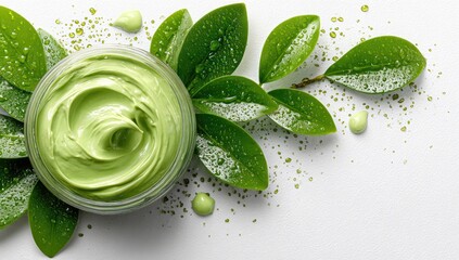 Obraz premium Light green face cream in a glass jar, surrounded by fresh green leaves with water droplets