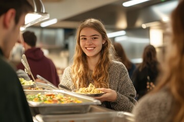 Students taking food, group of students selecting food from a cafeteria line