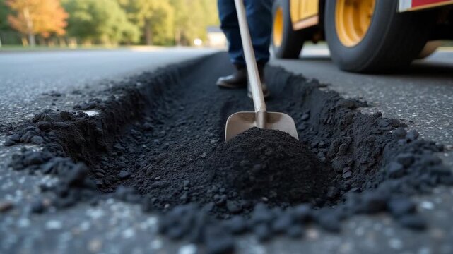 Worker filling pothole with cold asphalt patching material using manual tools
