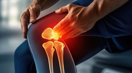 High-resolution medical stock photo showing knee X-ray with red pain highlight and hand pressing hip in pain against blue background.