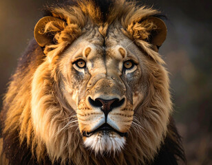 Majestic lion portrait with a rich mane and intense gaze against a soft background