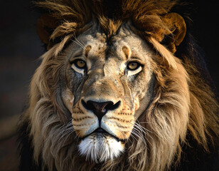 Majestic lion portrait with a rich mane and intense gaze against a soft background