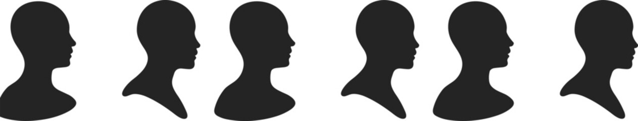 Human head silhouette profile set, black vector illustration, side view, neck contour variation, anatomy design, isolated on white background