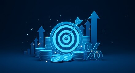 Achieving Financial Goals Arrow in Target with Rising Coins and Percentage Sign