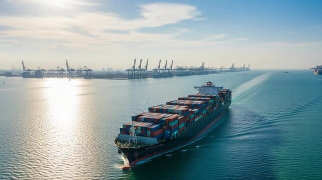 Cargo Container Ship Sailing on Blue Sea near Harbor with Blue Sky Logistics and Global Trade Commercial Delivery Transportation