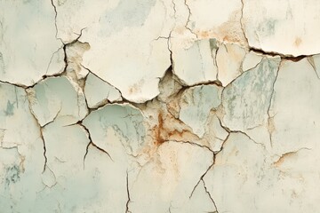 Fototapeta premium A detailed close-up view of a weathered, light beige surface with extensive cracking and peeling paint, showcasing the texture and history of the aged material.