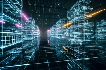 Obraz premium A digital rendering of an abstract, grid-like space filled with shelves and holographic displays, illuminated by neon lights in shades of blue purple green yellow pink orange.