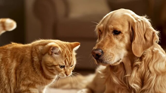 Curious Cat and Dog Encounter - A ginger cat and a golden retriever dog look at each other intently, their bodies positioned closely together against a blurred background.