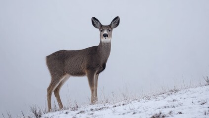 Obraz premium A doe stands alert on a snowy hilltop