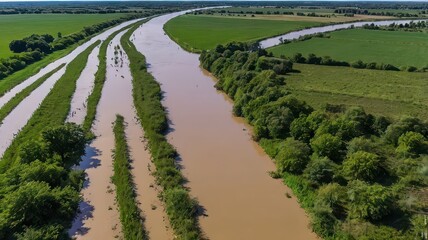 Aerial view of flooded river and agricultural fields after heavy rainfall