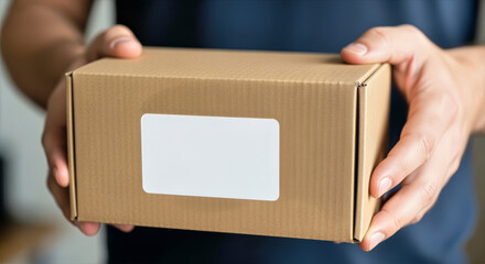 A person holding a brown cardboard box with a blank white label in their hands close to the camera view