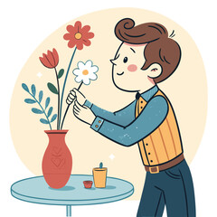 A young man carefully arranging a bouquet of colorful flowers in a red vase.