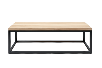 Modern wooden coffee table with black metal frame, isolated on transparent background