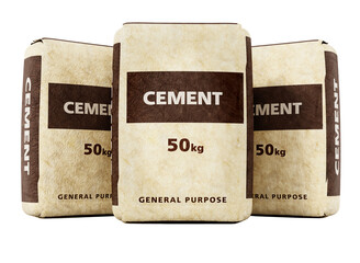 Cement bags with generic package design on transparent background. 3D illustration