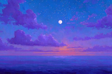 A serene seascape at twilight, painted with vibrant purples, blues, and pinks, showcasing a full moon and a star-dusted sky above a calm expanse of water.