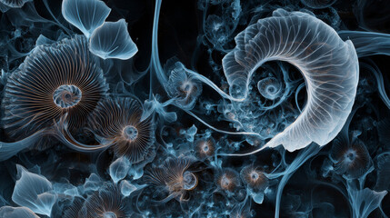 Abstract fractal patterns and shapes. Dynamic flowing natural forms. Flowers and spirals. Mysterious psychedelic relaxation pattern. 