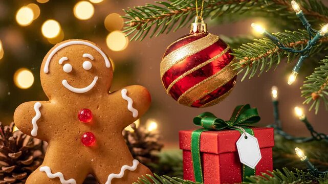 Festive Gingerbread Man Christmas Ornament - A whimsical gingerbread man cookie sits beside a red and gold Christmas bauble and a small gift box decorated with a green ribbon, all nestled amongst