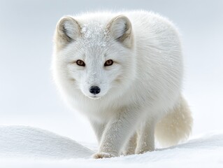 Pristine white arctic fox walks in snowy landscape