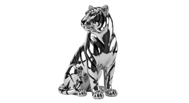 A meticulously sculpted, modern art tiger of polished silver chrome, dark accents, sitting serene on a transparent background, calm metallic gaze, abstract tranquility concept