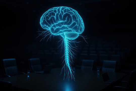 Brainstorming Concept: Neon Brain Illustration in Conference Room, idea generation, creativity, innovation, intellect [Illustration]
