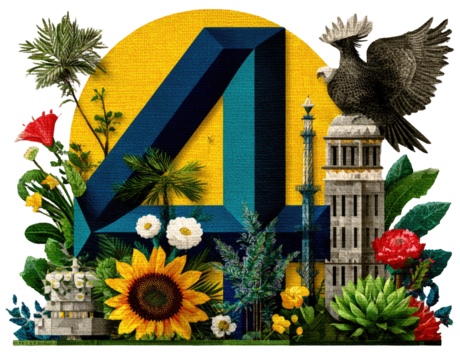 Number four, surrounded by vibrant tropical flora, birds, and architectural elements