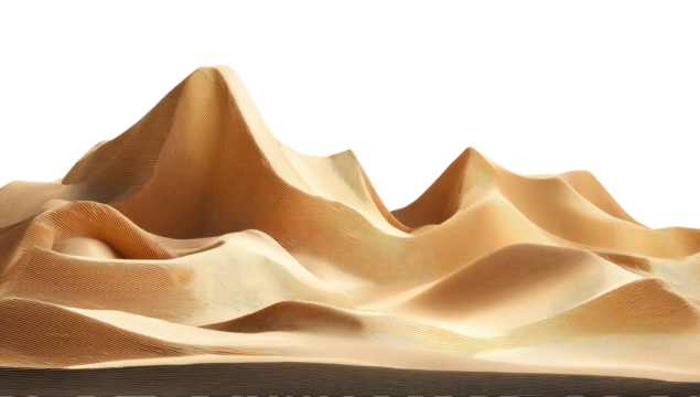 Desert dunes, sculpted sand,  peaks and valleys.  Beige, tan,  smooth,  flowing.  Dark base