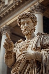 Fototapeta premium Close-up of a Roman emperor statue. Ancient, detailed marble sculpture of a man with a laurel crown, beard, and military garb, pointing a finger. Classic architectural backdrop