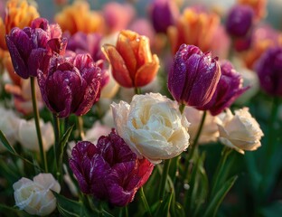 Close-up of colorful tulips, wet with dew.  Soft focus on blossoms in shades of purple, orange, and cream.  Sunlight highlights the petals