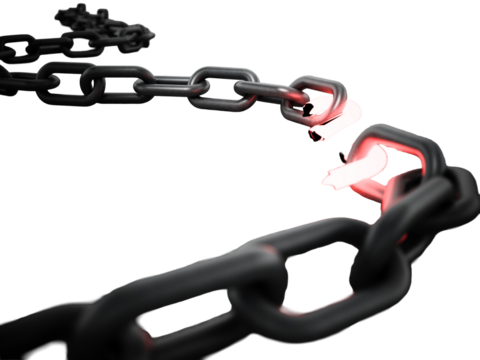 Illuminated broken chain part on transparent background. 3D illustration