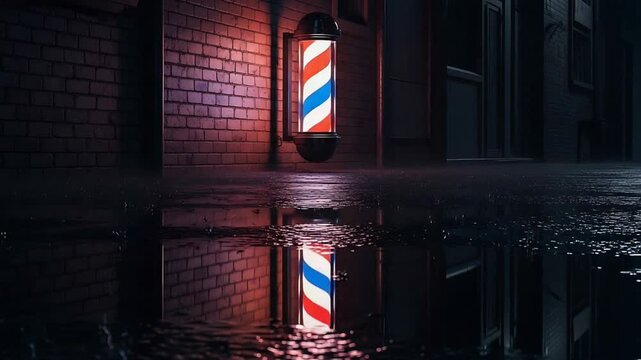 Cinematic neon barber pole reflected on rainy urban alley wet brick wall.