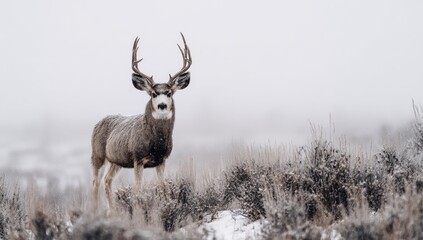 Majestic buck in a snowy landscape.  Large antlers,  gray fur,  winter scene