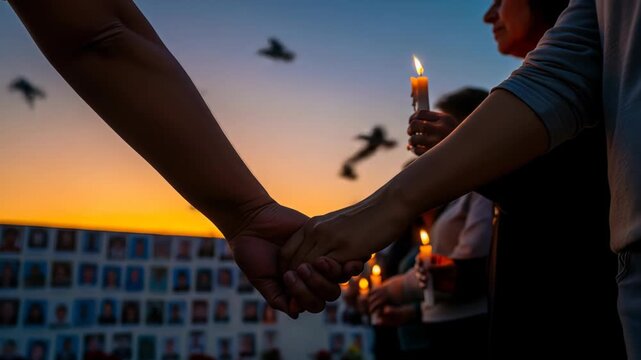 People holding hands at a vigil, sunset background, for remembrance, with copy space