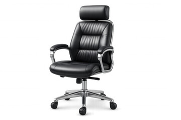 Modern black leather office chair with headrest and chrome base, isolated on transparent background, perfect for workspace designs