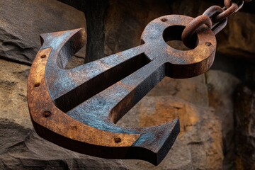 Rustic anchor hanging on a weathered stone wall, showcasing history and character in a coastal setting at twilight