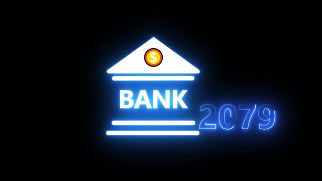 Neon light effect animation of a bank and the year 2079 ,Business representing real estate growth and market innovation bank icon, House loan ,risk management on black background.4k video