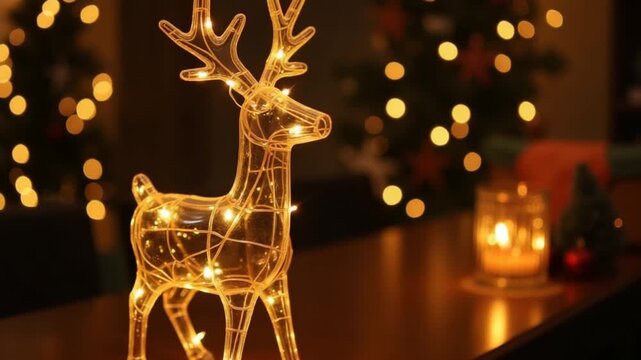 Christmas preparation with decorative lights on a reindeer in a cozy setting