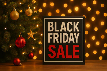 Black Friday and Cyber Monday 2025/2026. A symbol of mass consumption, discounts and holiday shopping.  Conscious consumption, digital sales. New Year decorations, Christmas tree.
