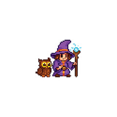 Obraz premium Charming Pixel Art Wizard Companion Holding Crystal Staff Beside Adorable Owl Companion