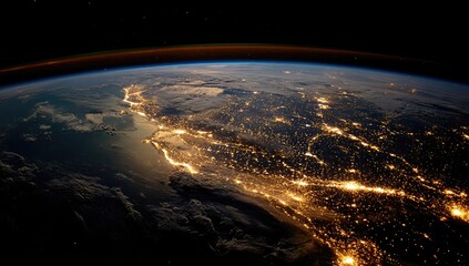 Obraz premium Earth's illuminated eastern coast. A night-time view of the eastern coast of North America from space, showing a vivid array of city lights illuminating the landscape.
