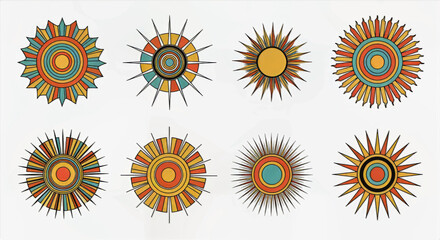 A collection of eight sunburst designs featuring concentric circles and radiating lines in various colors and styles