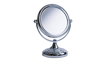 A round, handheld vanity mirror with a chrome finish.  The mirror is centered on a chrome stand with a slightly flared base.  The reflective surface is clean and clear,  showing no imperfections