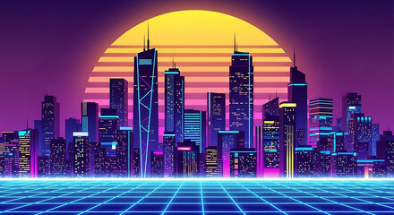 Retro cityscape with neon lights and grid floor under a large setting sun