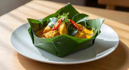 Delicious Cambodian Fish Amok Curry Served in Banana Leaf Bowl on White Plate