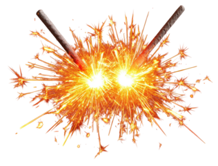 Sparkler exploding, bright fiery burst, two sticks