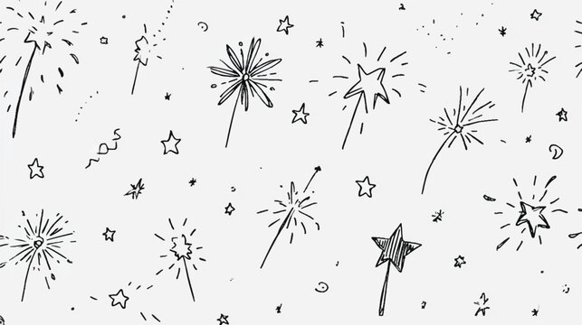 Hand drawn stars and sparklers festive holiday celebratory background whimsical black and white design for party decorations and invitations